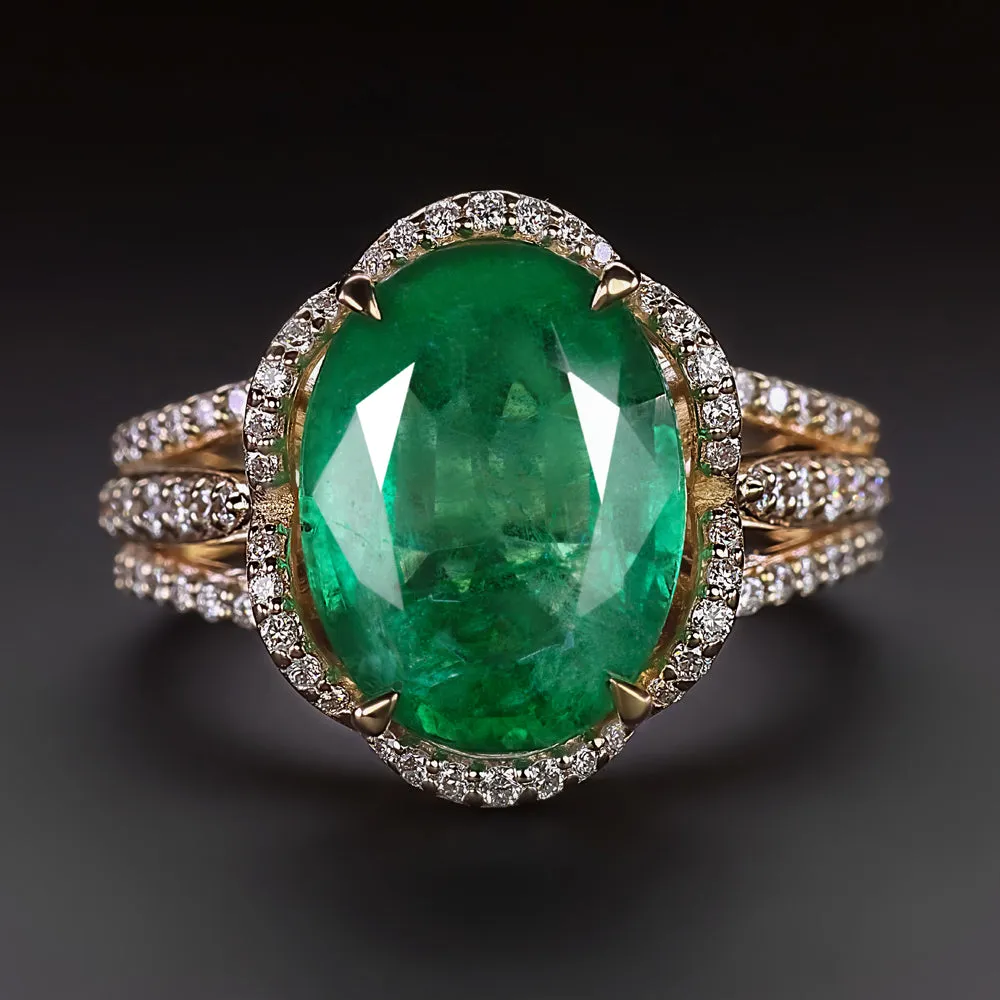 4.80ct NATURAL EMERALD DIAMOND COCKTAIL RING 14k YELLOW GOLD BIG FLORAL HALO