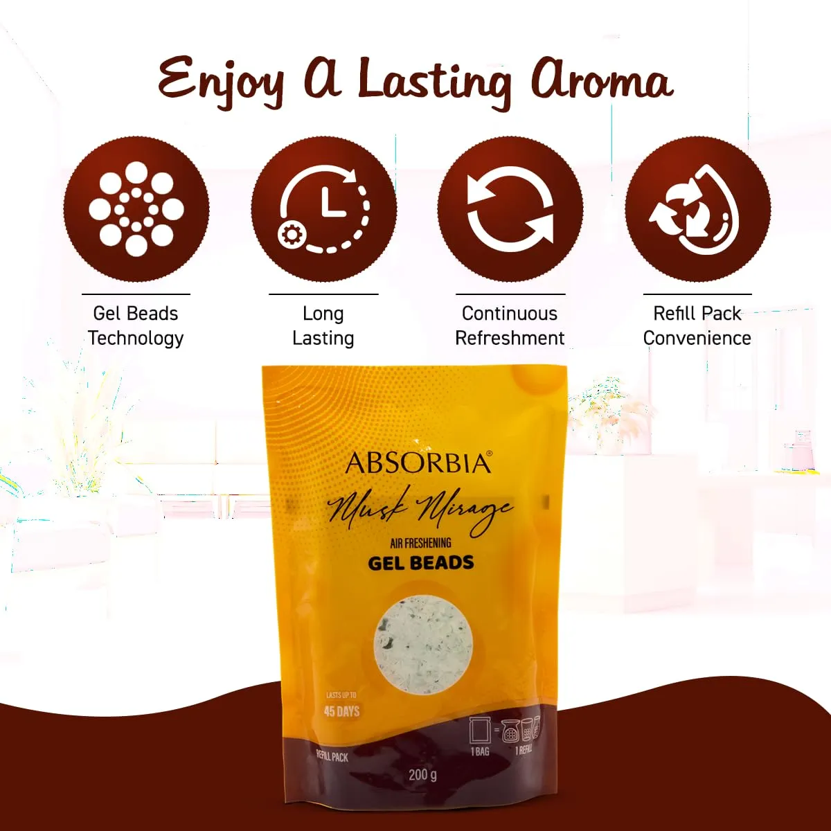 Absorbia Gel Beads Air Freshener 200gms with Refills(8ml essential oil) | Room & Car | Floral Scent | Musk Mirage | Priority in Room Fresheners