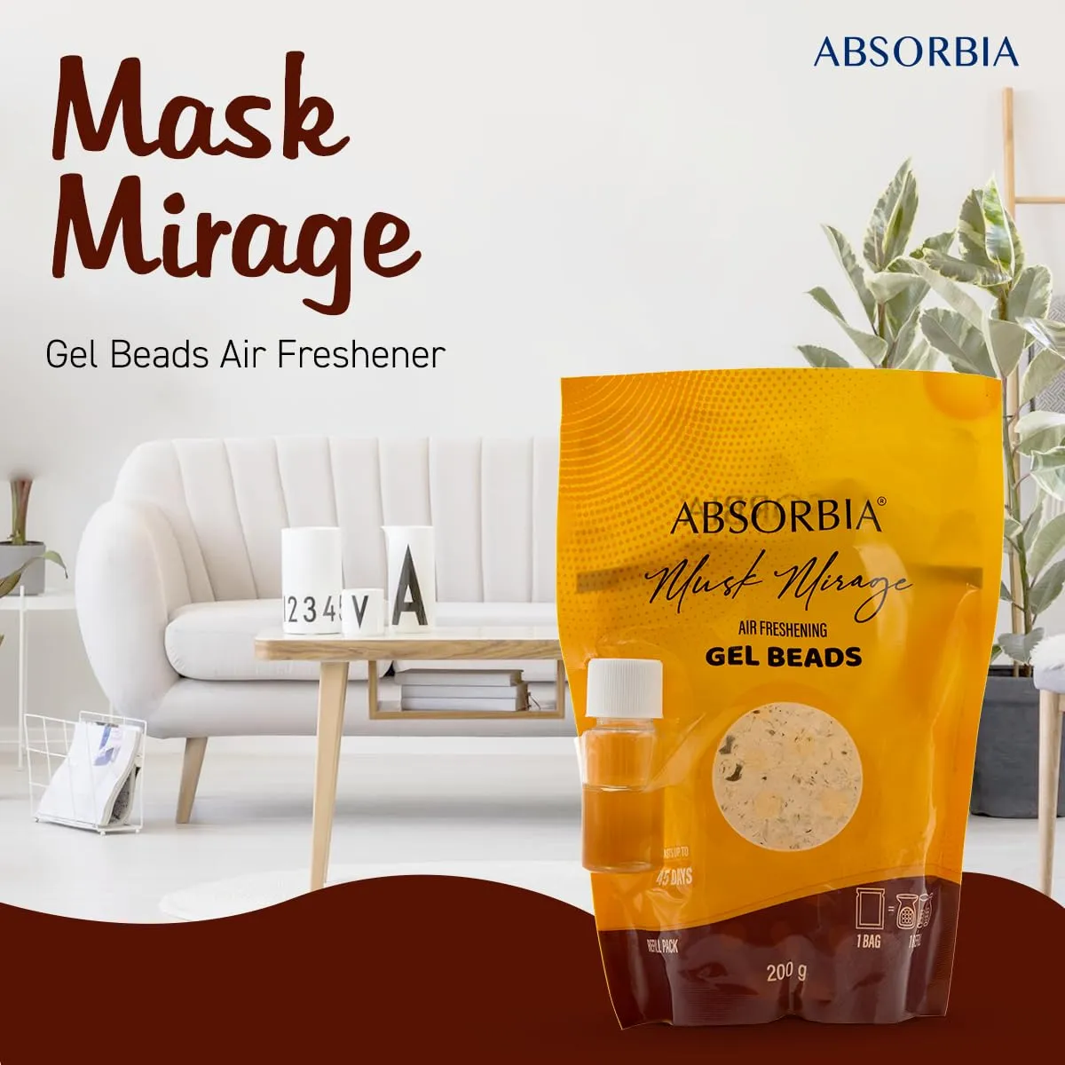 Absorbia Gel Beads Air Freshener 200gms with Refills(8ml essential oil) | Room & Car | Floral Scent | Musk Mirage | Priority in Room Fresheners