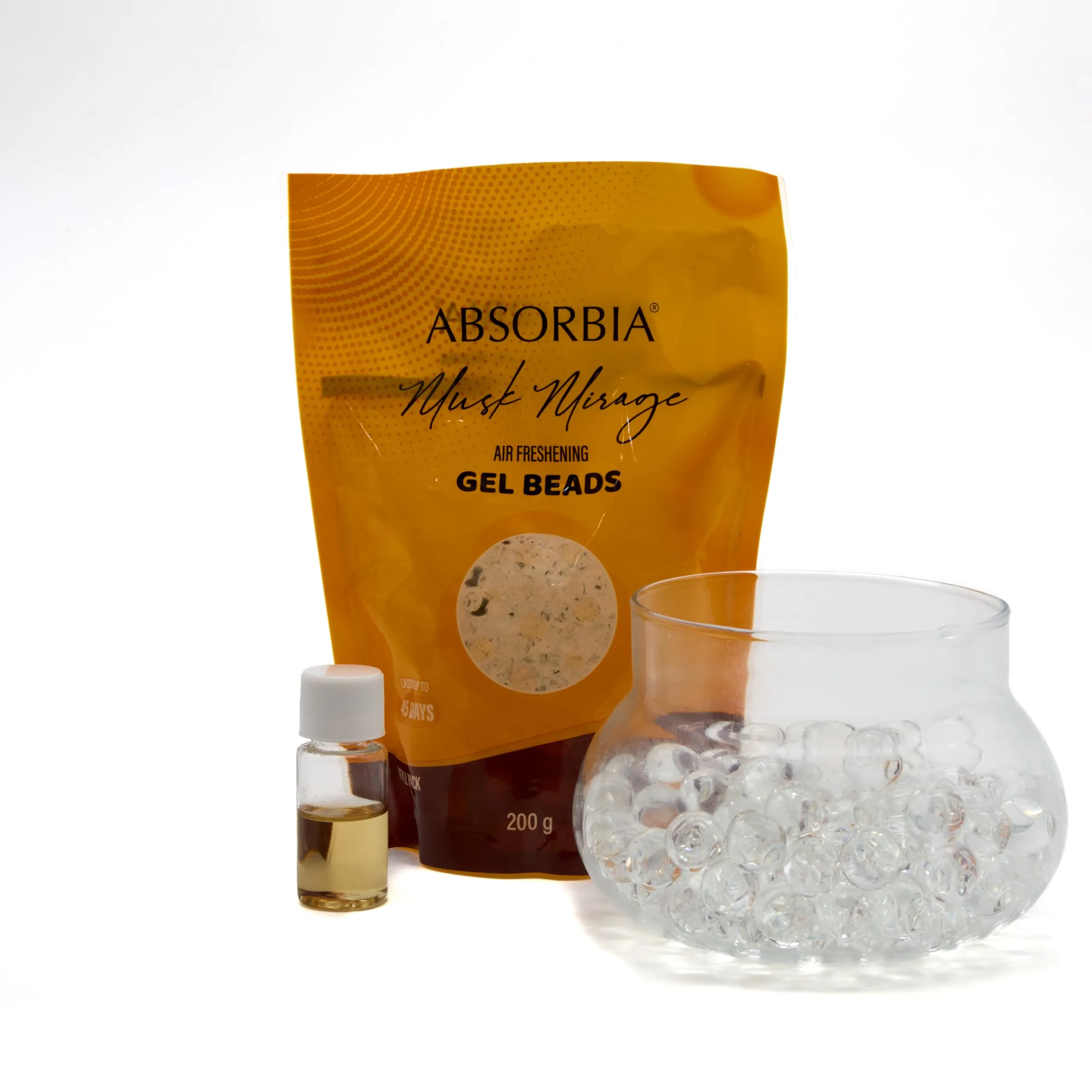 Absorbia Gel Beads Air Freshener 200gms with Refills(8ml essential oil) | Room & Car | Floral Scent | Musk Mirage | Priority in Room Fresheners