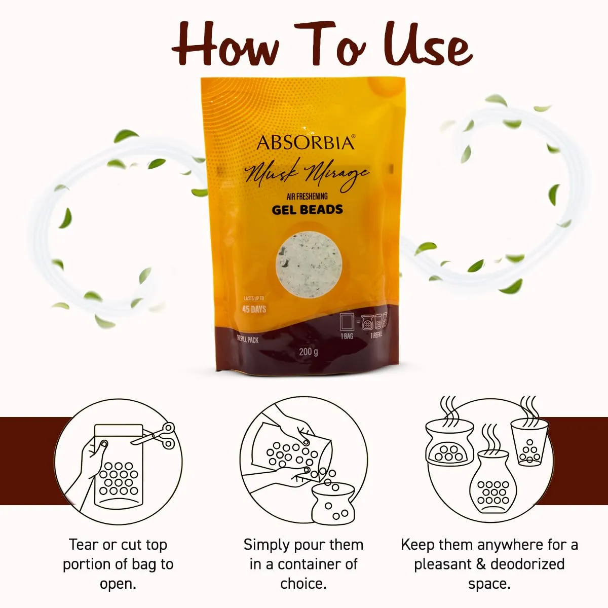 Absorbia Gel Beads Air Freshener 200gms with Refills(8ml essential oil) | Room & Car | Floral Scent | Musk Mirage | Priority in Room Fresheners