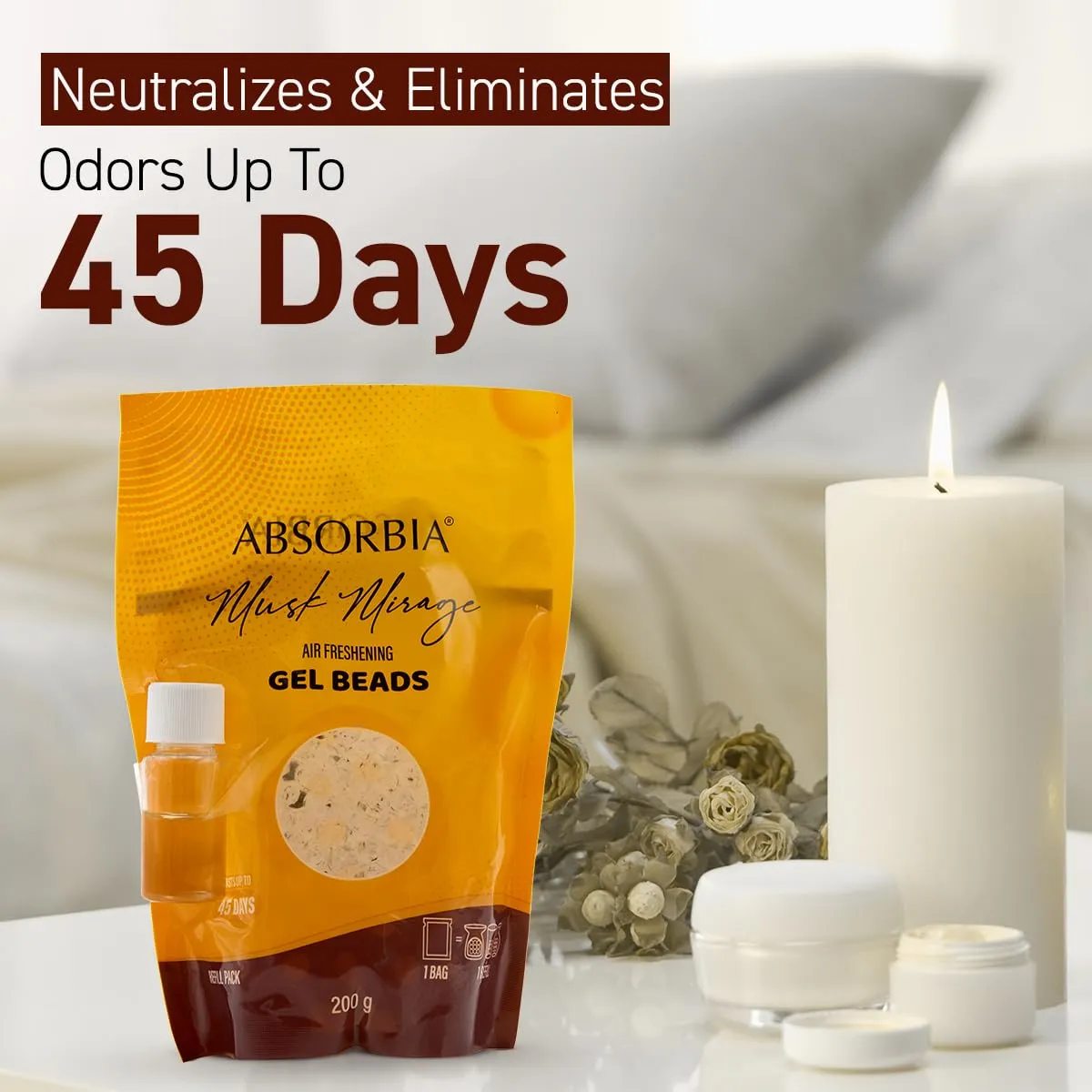 Absorbia Gel Beads Air Freshener 200gms with Refills(8ml essential oil) | Room & Car | Floral Scent | Musk Mirage | Priority in Room Fresheners