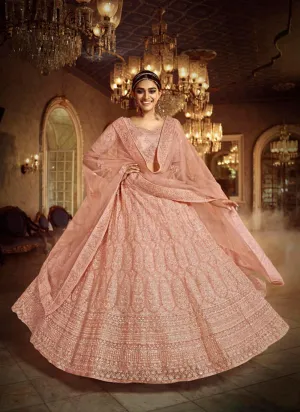 Alluring Peach Zarkan Dori Soft Net Lehenga Choli Set
