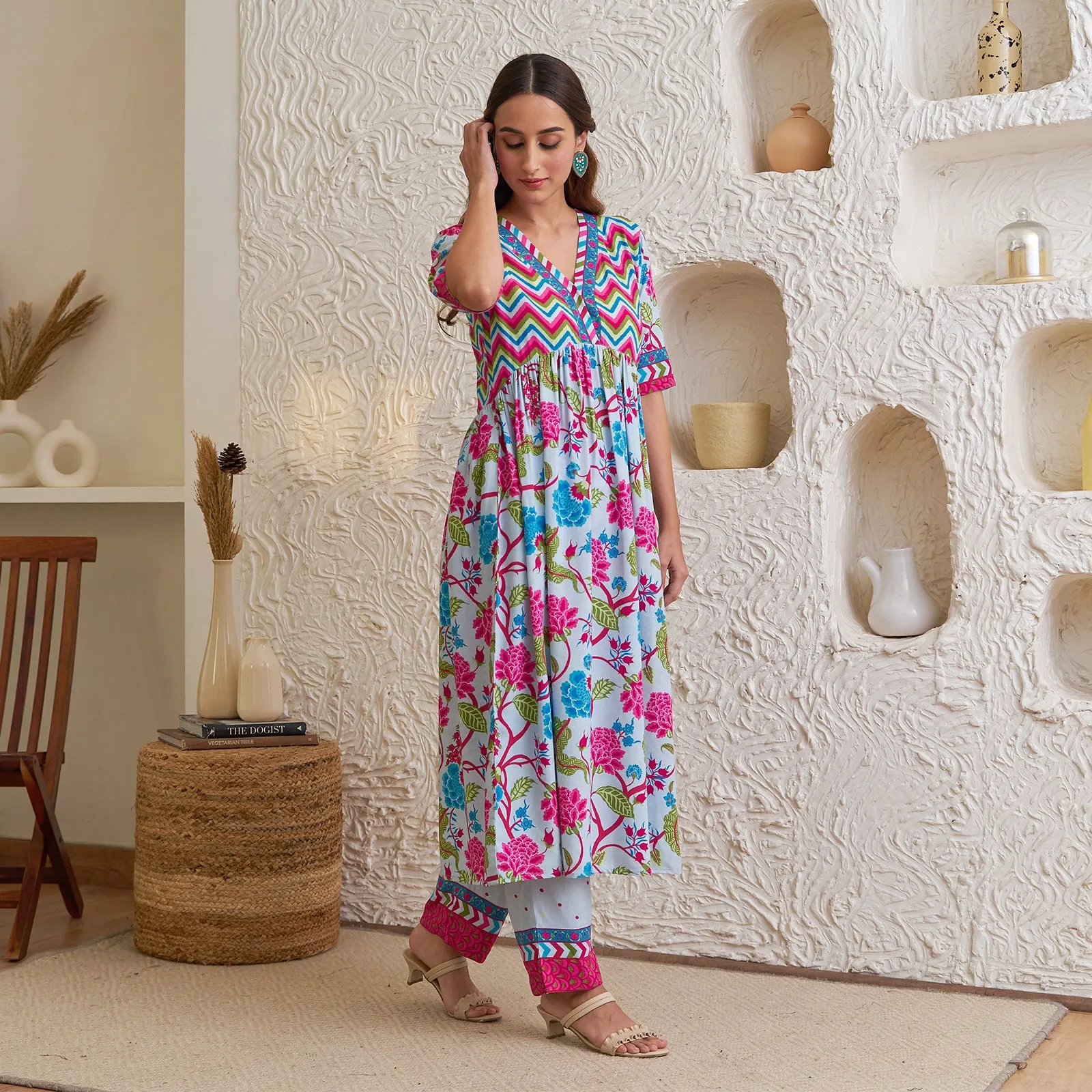 Lavender Floral Front Gathered Kurta Pant Co-ord Set