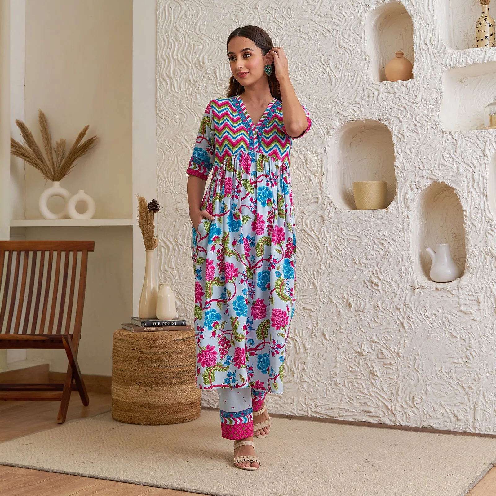 Lavender Floral Front Gathered Kurta Pant Co-ord Set