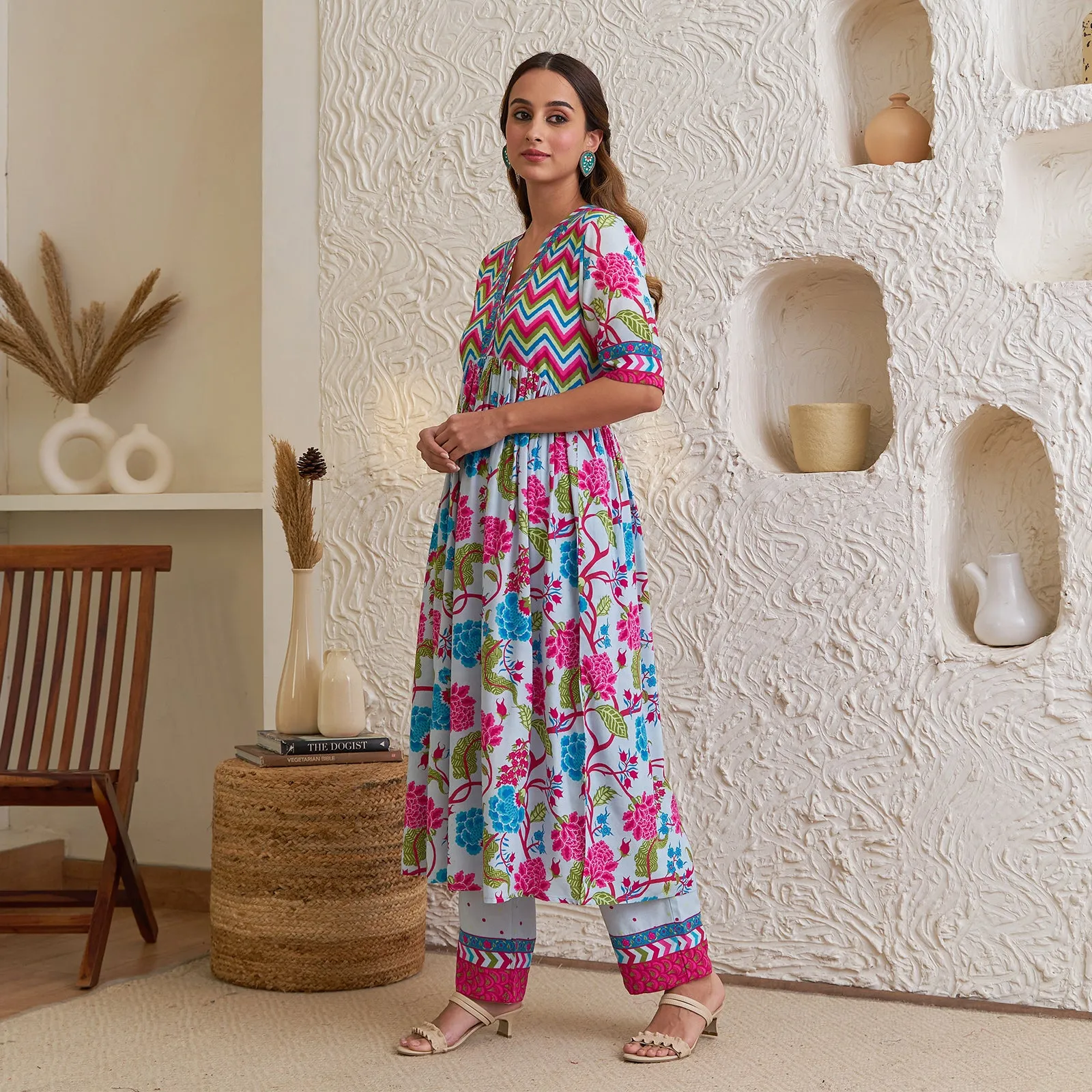 Lavender Floral Front Gathered Kurta Pant Co-ord Set