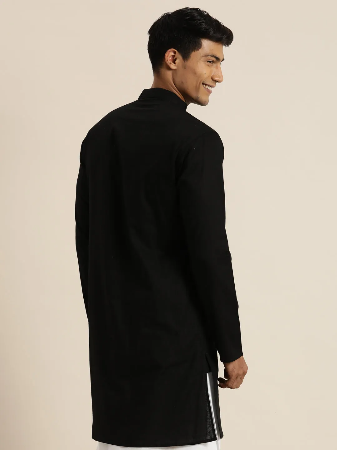 Men's Black Cotton Kurta - Vastramay