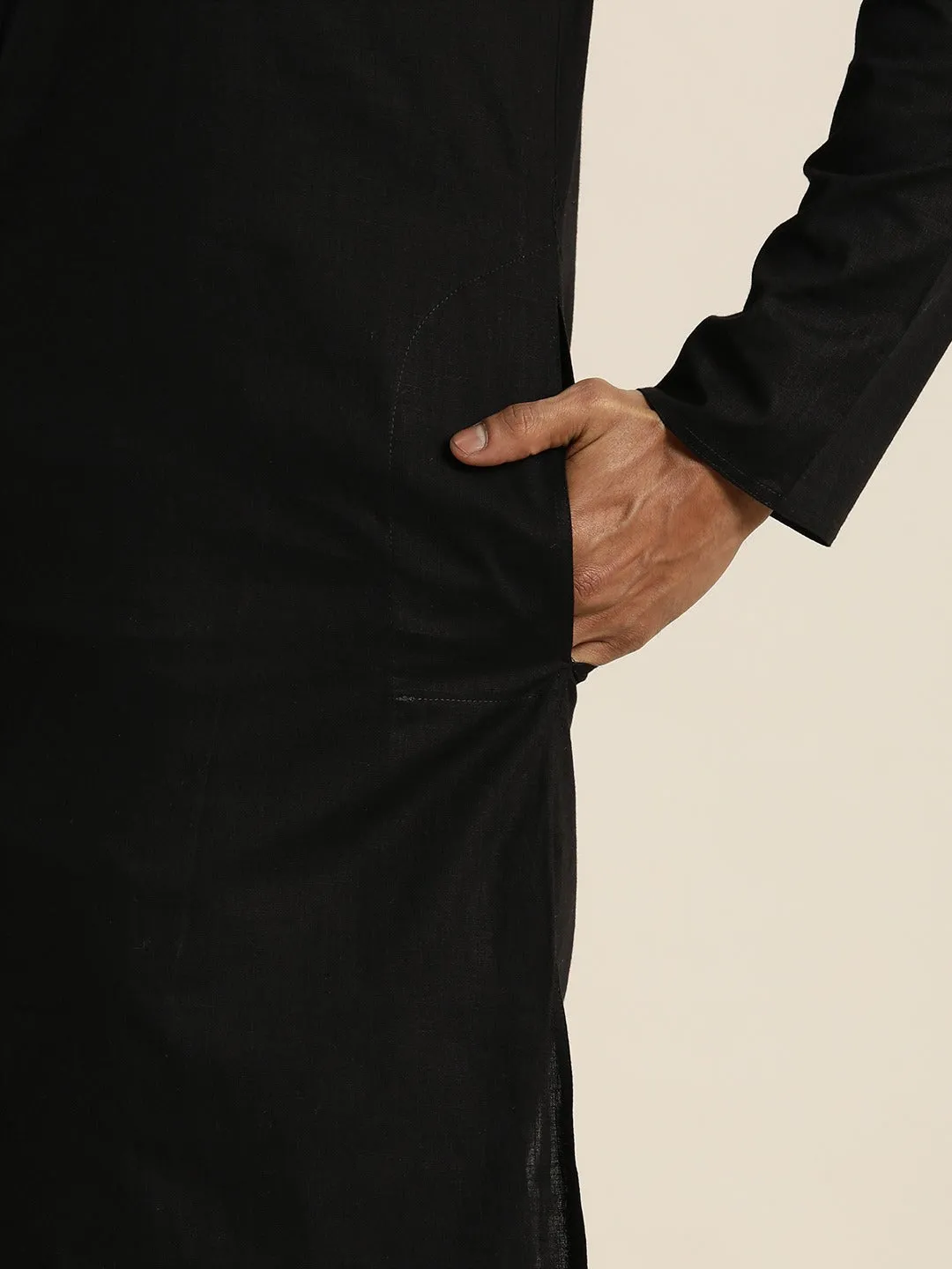 Men's Black Cotton Kurta - Vastramay