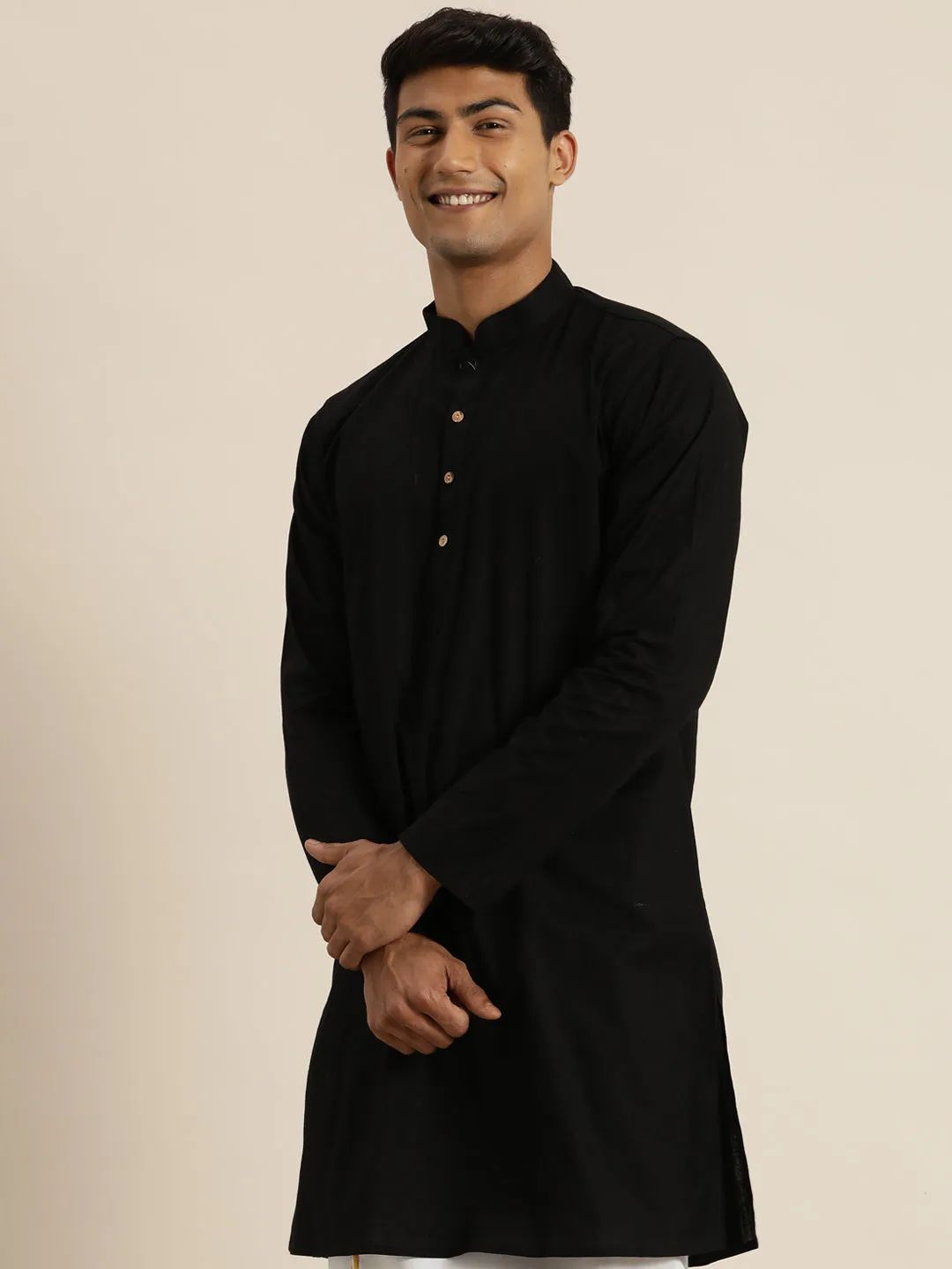 Men's Black Cotton Kurta - Vastramay