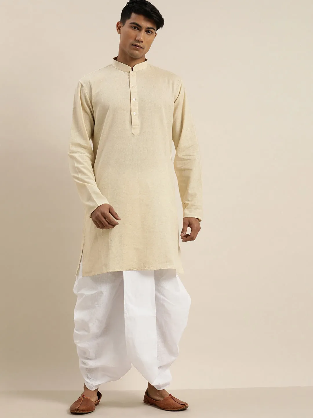 Men's Cream And White Cotton Short Kurta - Vastramay
