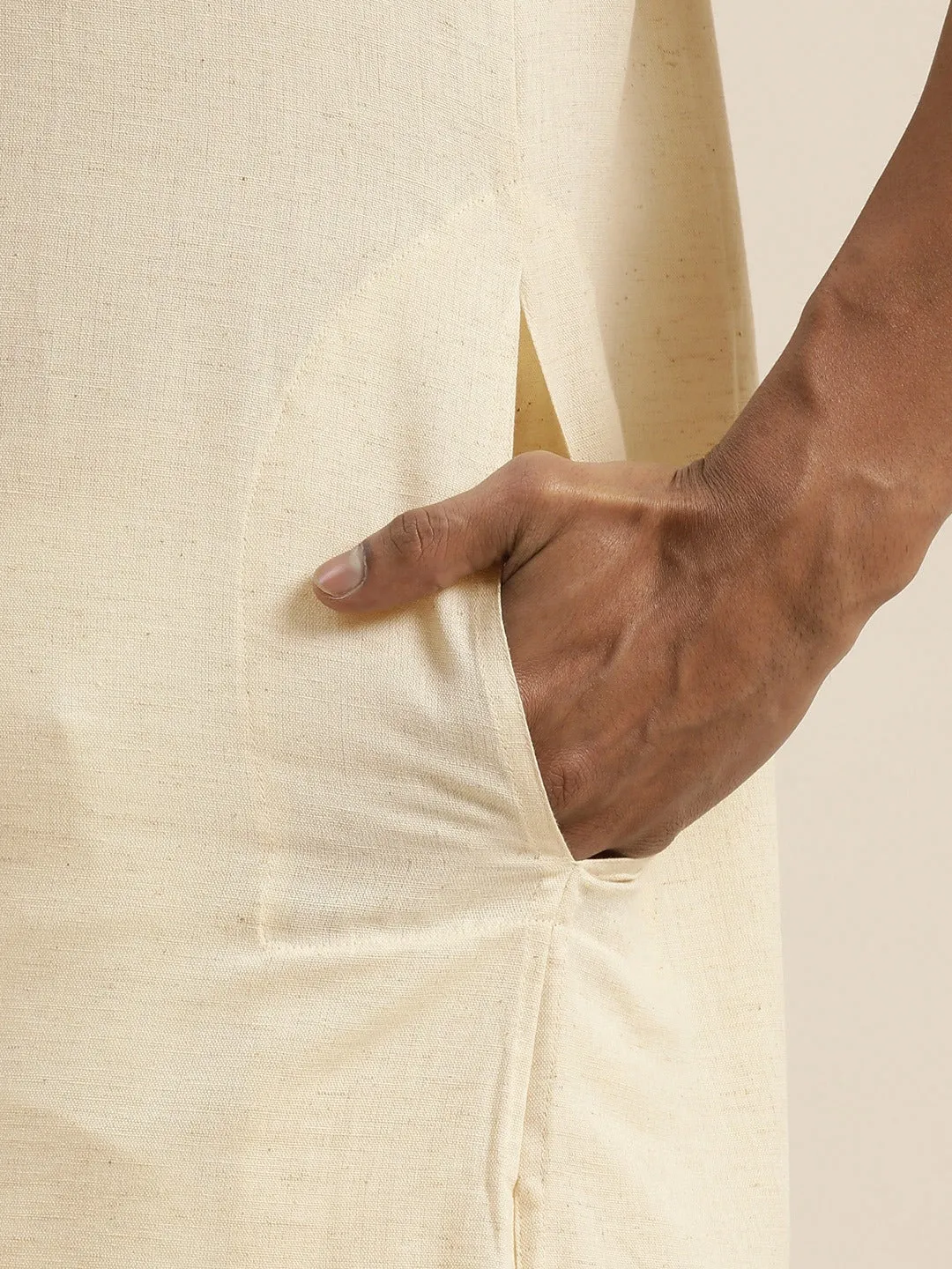 Men's Cream And White Cotton Short Kurta - Vastramay