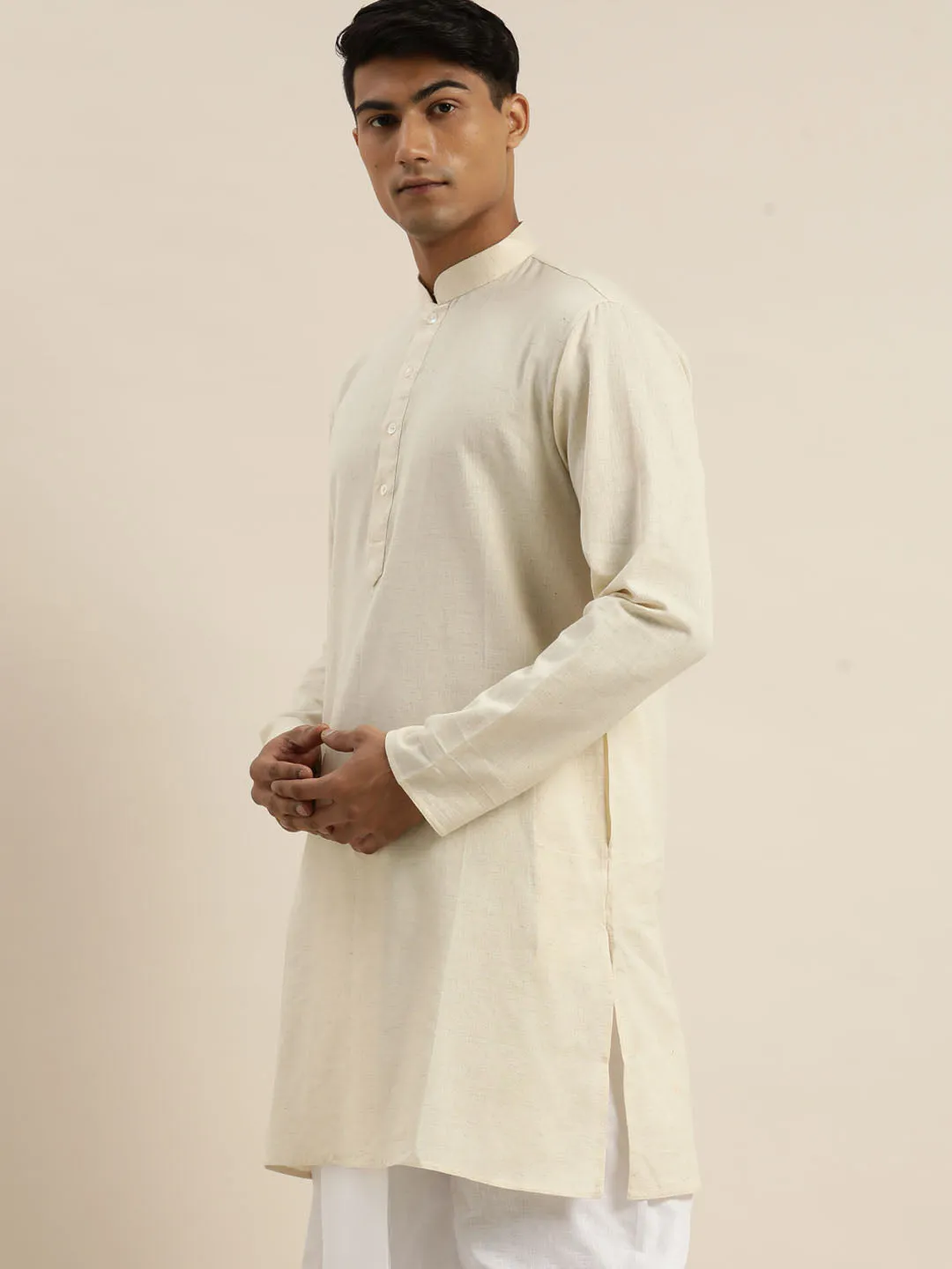 Men's Cream And White Cotton Short Kurta - Vastramay
