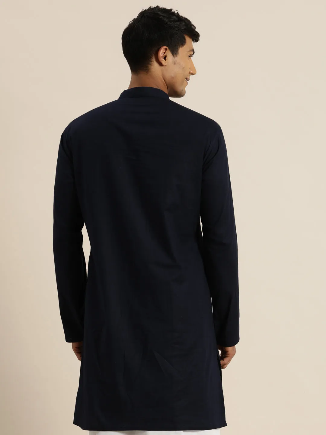 Men's Navy Blue Cotton Kurta - Vastramay