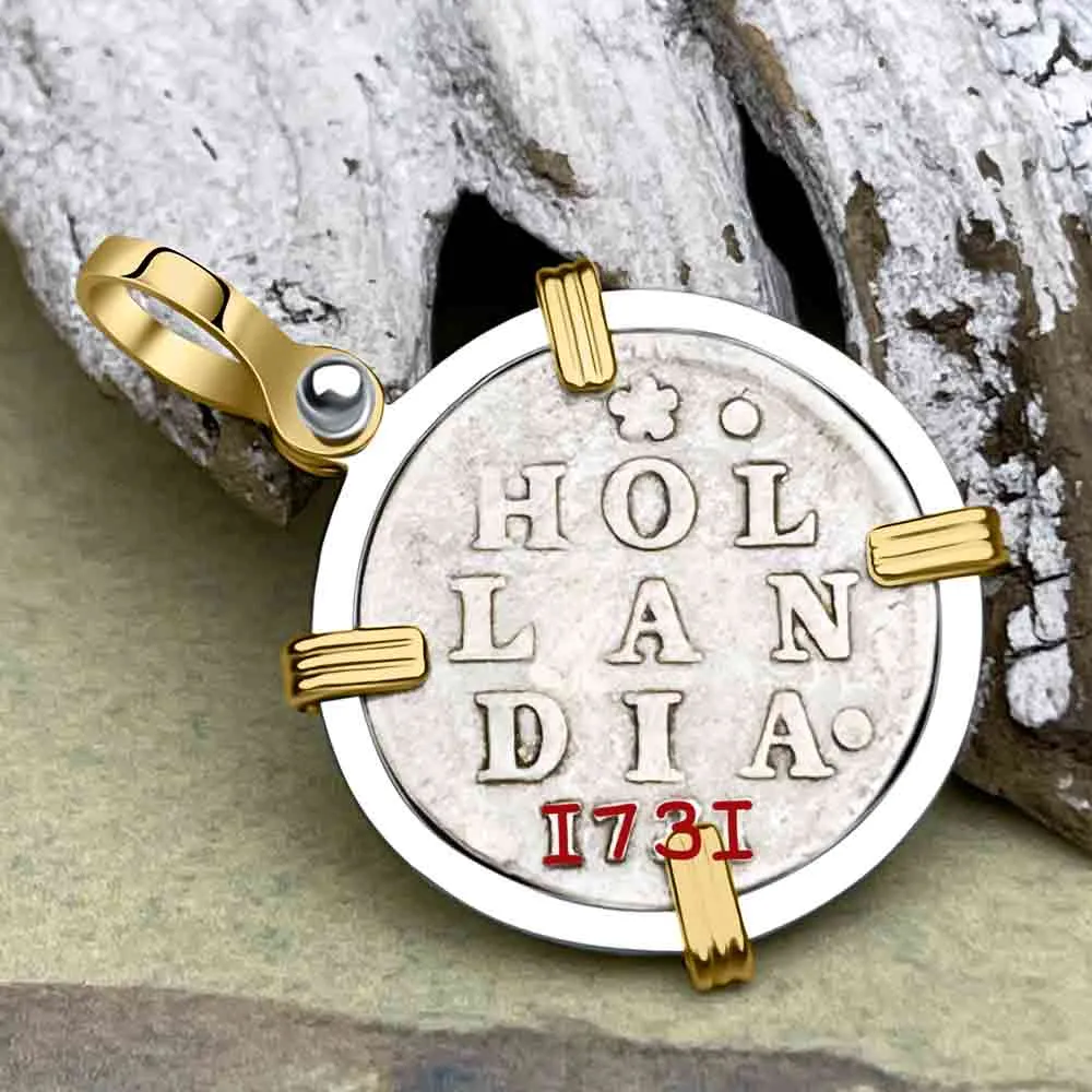 VOC - Dutch East India Company 1731 Silver 2 Stuiver Lion Coin 14K Gold and Sterling Silver Pendant | Artifact #6837