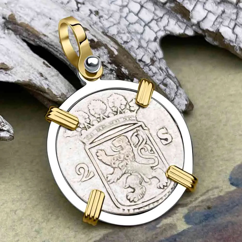 VOC - Dutch East India Company 1731 Silver 2 Stuiver Lion Coin 14K Gold and Sterling Silver Pendant | Artifact #6837
