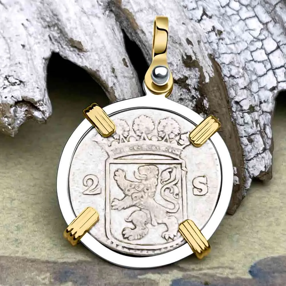 VOC - Dutch East India Company 1731 Silver 2 Stuiver Lion Coin 14K Gold and Sterling Silver Pendant | Artifact #6837