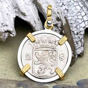 VOC - Dutch East India Company 1731 Silver 2 Stuiver Lion Coin 14K Gold and Sterling Silver Pendant | Artifact #6837