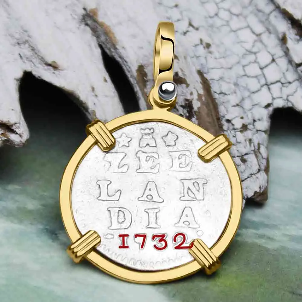 VOC - Dutch East India Company 1732 Silver 2 Stuiver "I Struggle and Survive" Lion Coin 14K Gold Pendant | Artifact #9874