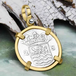 VOC - Dutch East India Company 1732 Silver 2 Stuiver "I Struggle and Survive" Lion Coin 14K Gold Pendant | Artifact #9874