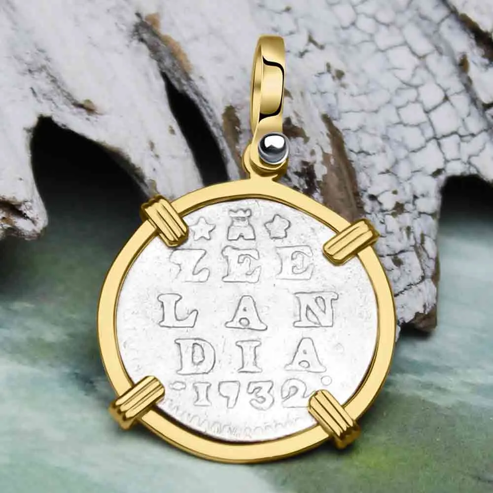 VOC - Dutch East India Company 1732 Silver 2 Stuiver "I Struggle and Survive" Lion Coin 14K Gold Pendant | Artifact #9874