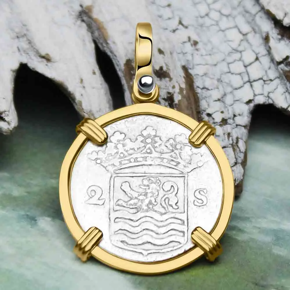 VOC - Dutch East India Company 1732 Silver 2 Stuiver "I Struggle and Survive" Lion Coin 14K Gold Pendant | Artifact #9874