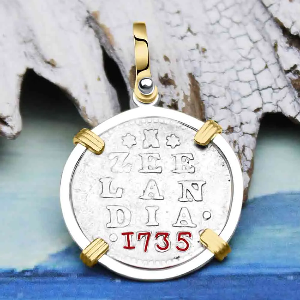 VOC - Dutch East India Company 1735 Silver 2 Stuiver "I Struggle and Survive" Lion Coin 14K Gold and Sterling Silver Pendant | Artifact #9870
