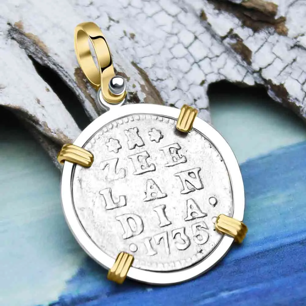 VOC - Dutch East India Company 1735 Silver 2 Stuiver "I Struggle and Survive" Lion Coin 14K Gold and Sterling Silver Pendant | Artifact #9870