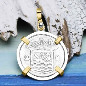 VOC - Dutch East India Company 1735 Silver 2 Stuiver "I Struggle and Survive" Lion Coin 14K Gold and Sterling Silver Pendant | Artifact #9870