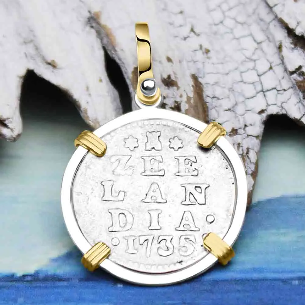 VOC - Dutch East India Company 1735 Silver 2 Stuiver "I Struggle and Survive" Lion Coin 14K Gold and Sterling Silver Pendant | Artifact #9870