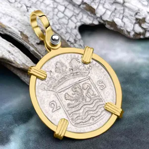 VOC - Dutch East India Company 1745 Silver 2 Stuiver "I Struggle and Survive" Lion Coin 14K Gold Pendant | Artifact #8804