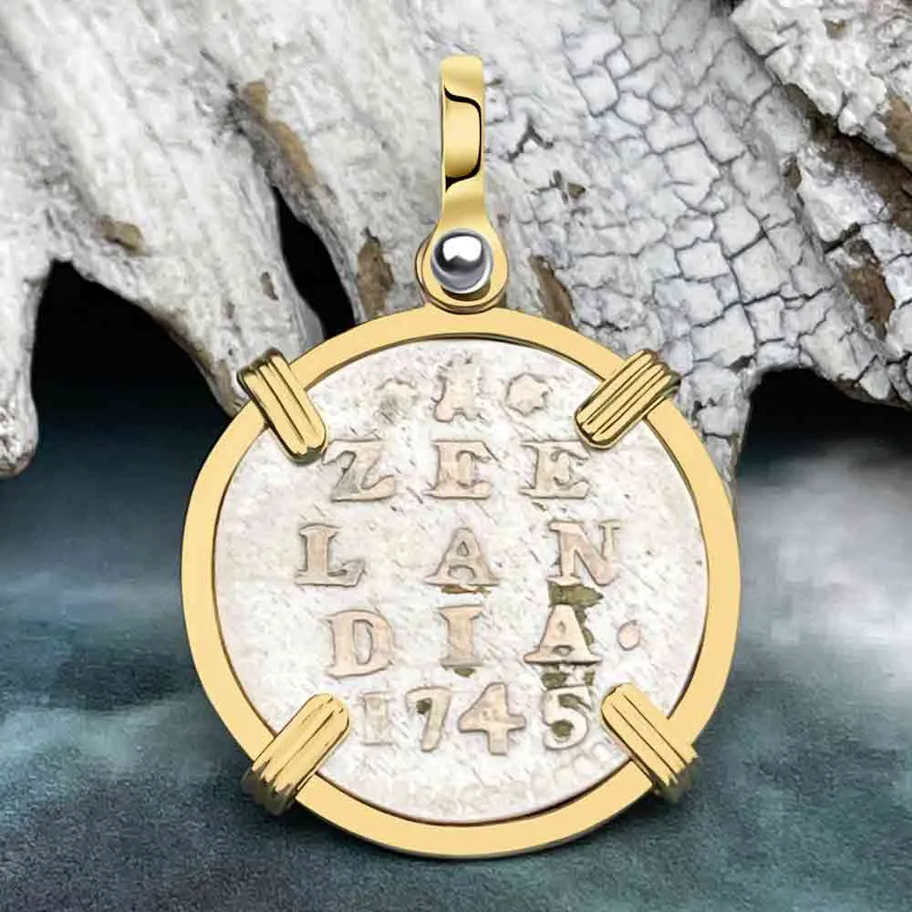 VOC - Dutch East India Company 1745 Silver 2 Stuiver "I Struggle and Survive" Lion Coin 14K Gold Pendant | Artifact #8804