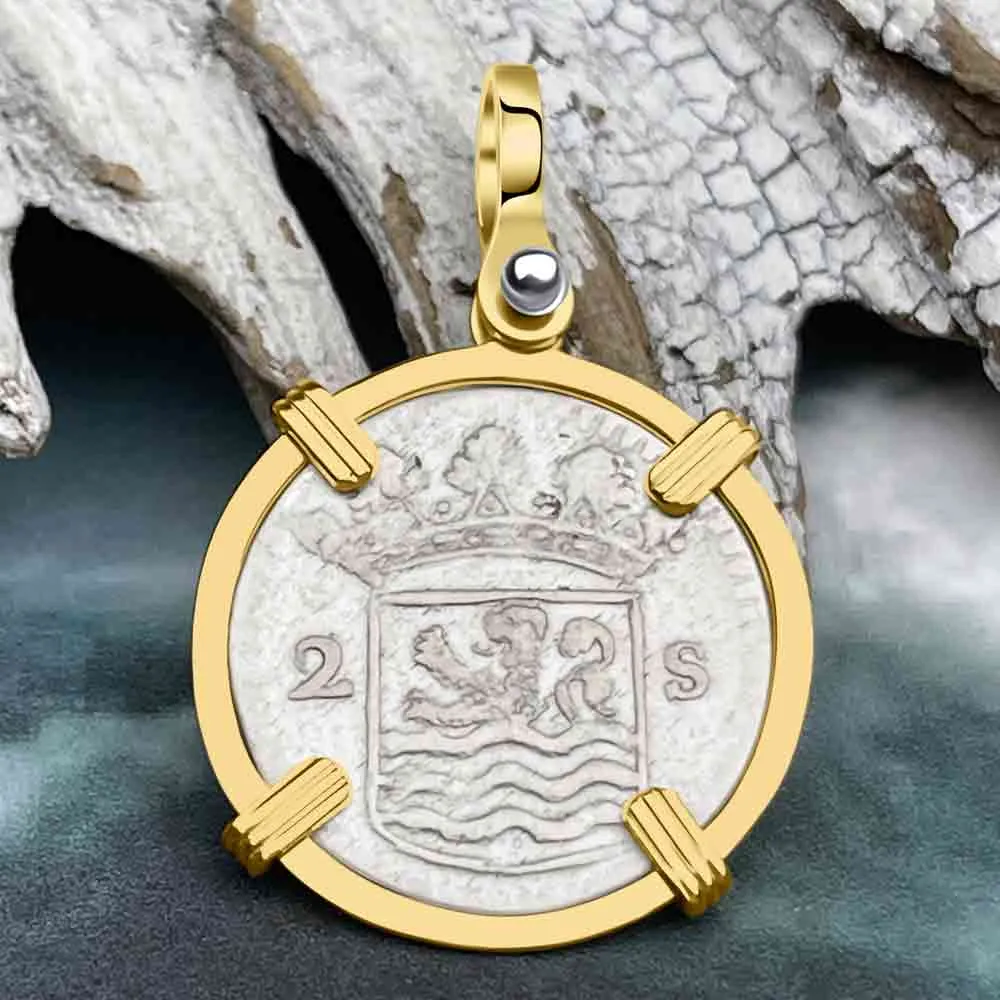 VOC - Dutch East India Company 1745 Silver 2 Stuiver "I Struggle and Survive" Lion Coin 14K Gold Pendant | Artifact #8804